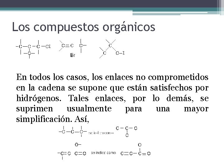 Los compuestos orgánicos En todos los casos, los enlaces no comprometidos en la cadena