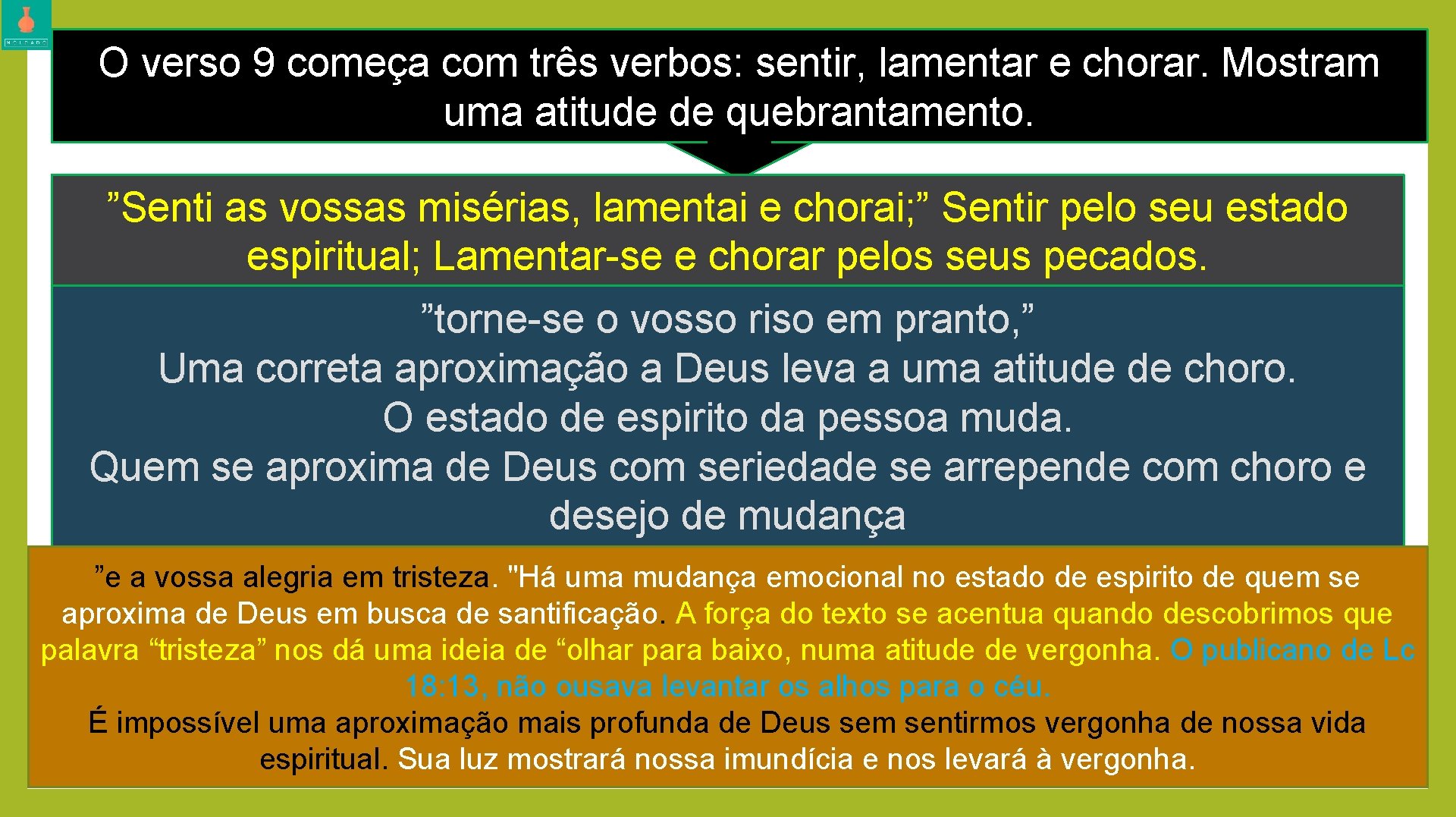 O verso 9 começa com três verbos: sentir, lamentar e chorar. Mostram uma atitude