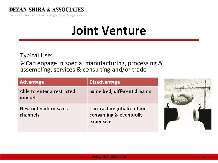 Joint Venture Typical Use: ØCan engage in special manufacturing, processing & assembling, services &