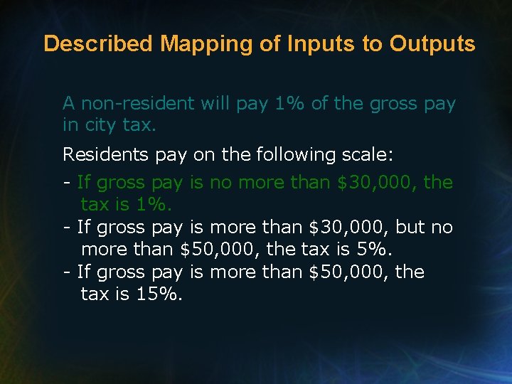 Described Mapping of Inputs to Outputs A non-resident will pay 1% of the gross