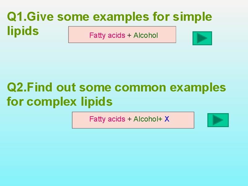 Q 1. Give some examples for simple lipids Fatty acids + Alcohol Q 2.