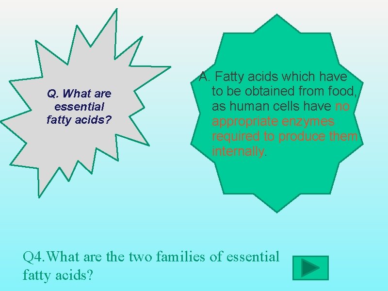 Q. What are essential fatty acids? A. Fatty acids which have to be obtained