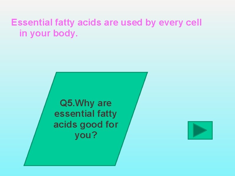 Essential fatty acids are used by every cell in your body. Q 5. Why