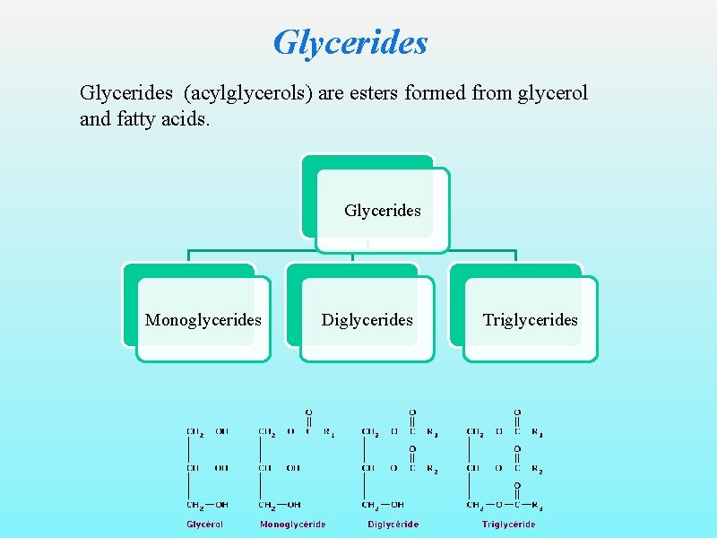 Glycerides (acylglycerols) are esters formed from glycerol and fatty acids. Glycerides Monoglycerides Diglycerides Triglycerides