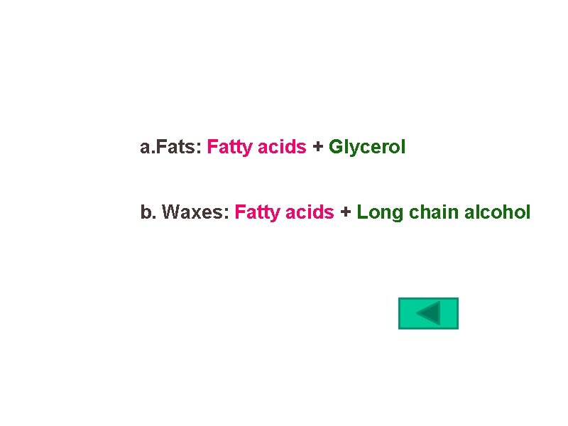 a. Fats: Fatty acids + Glycerol b. Waxes: Fatty acids + Long chain alcohol