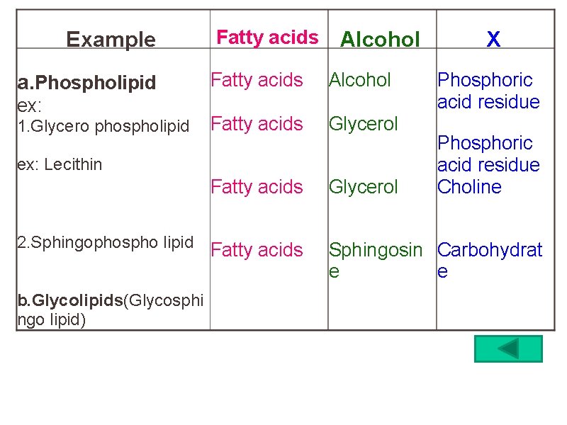 Example a. Phospholipid ex: 1. Glycero phospholipid Fatty acids Alcohol Fatty acids Glycerol ex: