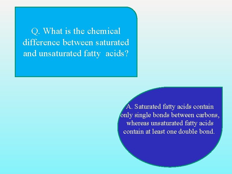 Q. What is the chemical difference between saturated and unsaturated fatty acids? A. Saturated