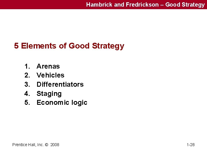 Hambrick and Fredrickson – Good Strategy 5 Elements of Good Strategy 1. 2. 3.