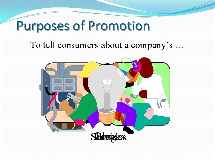 Purposes of Promotion To tell consumers about a company’s … Ideas Images Services Goods