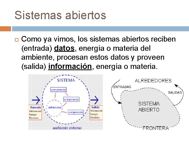 Sistemas abiertos Como ya vimos, los sistemas abiertos reciben (entrada) datos, energía o materia