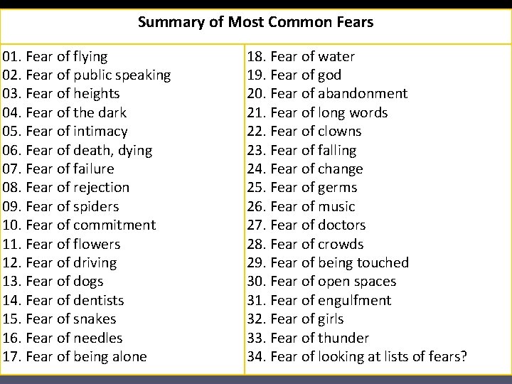 Summary of Most Common Fears 01. Fear of flying 02. Fear of public speaking