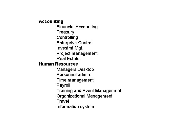 Accounting Financial Accounting Treasury Controlling Enterprise Control Investmt Mgt. Project management Real Estate Human