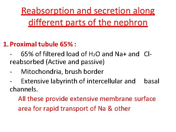 Reabsorption and secretion along different parts of the nephron 1. Proximal tubule 65% :