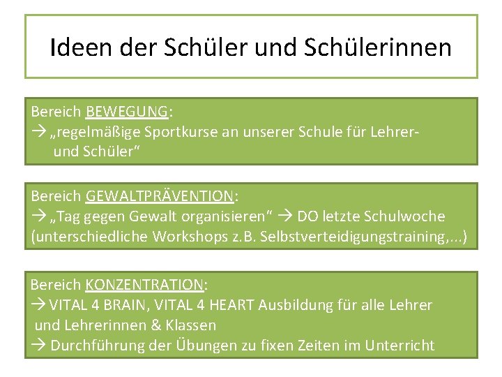 Ideen der Schüler und Schülerinnen Bereich BEWEGUNG: „regelmäßige Sportkurse an unserer Schule für Lehrerund