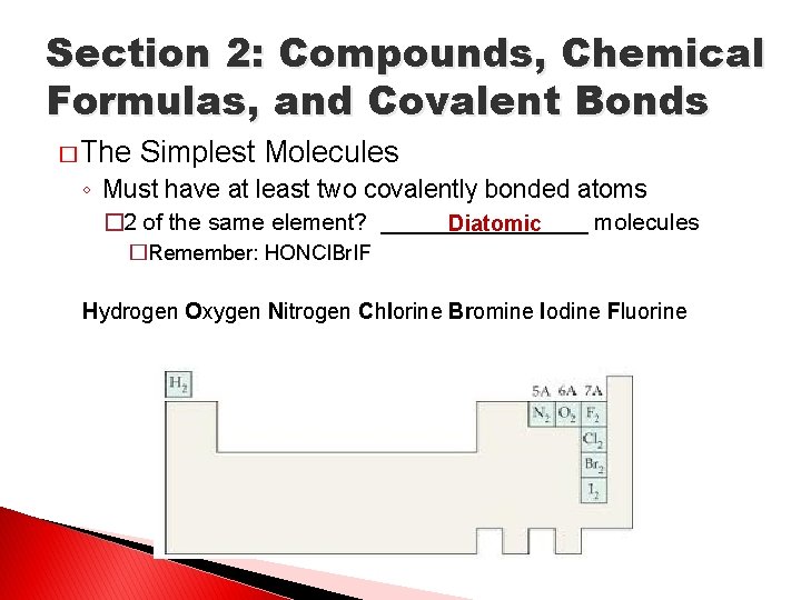 Section 2: Compounds, Chemical Formulas, and Covalent Bonds � The Simplest Molecules ◦ Must