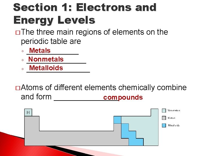 Section 1: Electrons and Energy Levels � The three main regions of elements on