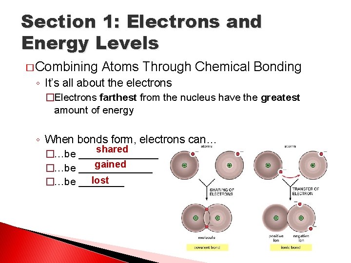 Section 1: Electrons and Energy Levels � Combining Atoms Through Chemical Bonding ◦ It’s