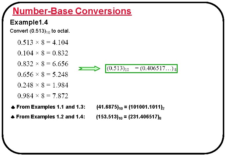 Number-Base Conversions Example 1. 4 Convert (0. 513)10 to octal. From Examples 1. 1