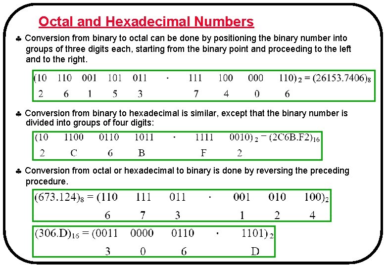 Octal and Hexadecimal Numbers Conversion from binary to octal can be done by positioning