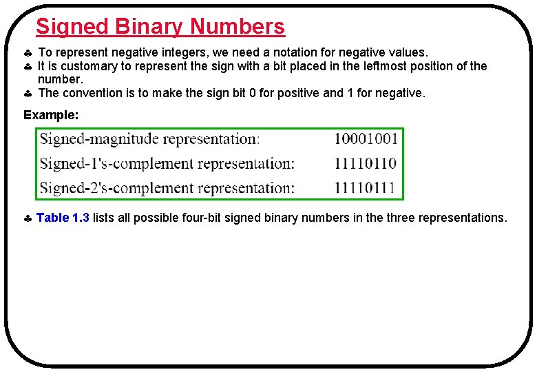 Signed Binary Numbers To represent negative integers, we need a notation for negative values.