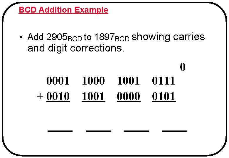 BCD Addition Example • Add 2905 BCD to 1897 BCD showing carries and digit