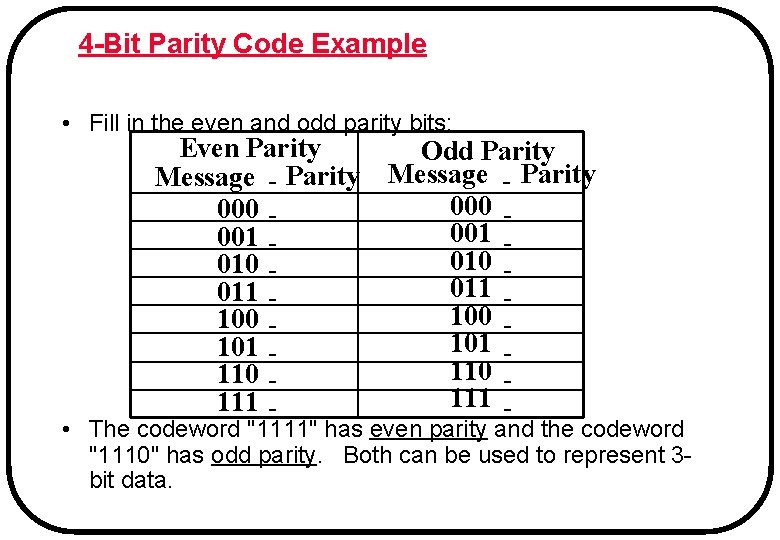 4 -Bit Parity Code Example • Fill in the even and odd parity bits: