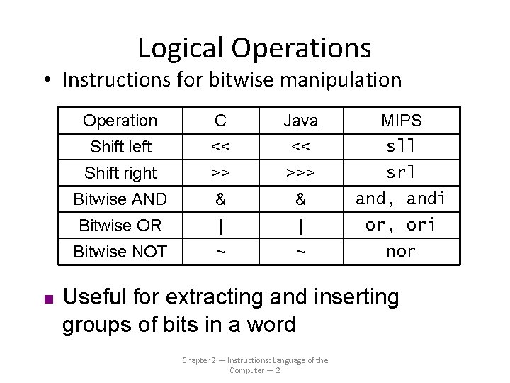 Logical Operations • Instructions for bitwise manipulation n Operation C Java MIPS Shift left
