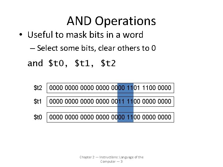 AND Operations • Useful to mask bits in a word – Select some bits,