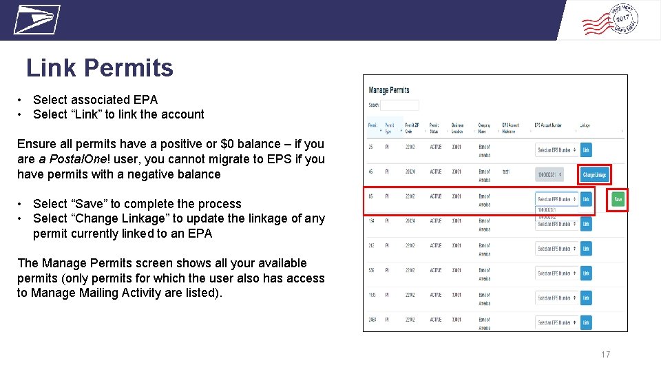 Link Permits • Select associated EPA • Select “Link” to link the account Ensure
