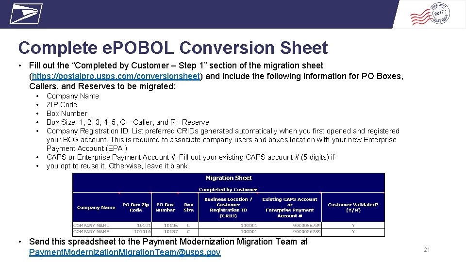 Complete e. POBOL Conversion Sheet • Fill out the “Completed by Customer – Step