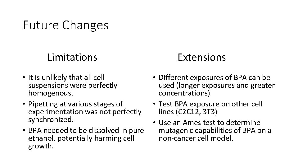 Future Changes Limitations • It is unlikely that all cell suspensions were perfectly homogenous.
