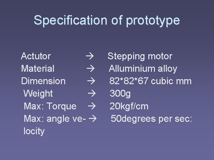 Specification of prototype Actutor Stepping motor Material Alluminium alloy Dimension 82*82*67 cubic mm Weight Specification of prototype Actutor Stepping motor Material Alluminium alloy Dimension 82*82*67 cubic mm Weight