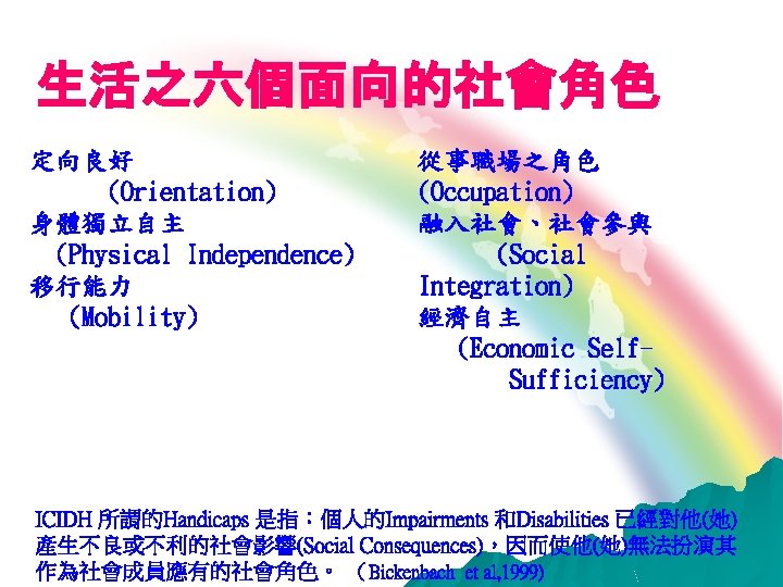 生活之六個面向的社會角色 定向良好 (Orientation) 身體獨立自主 (Physical Independence) 移行能力 (Mobility) 從事職場之角色 (Occupation) 融入社會、社會參與 (Social Integration) 經濟自主