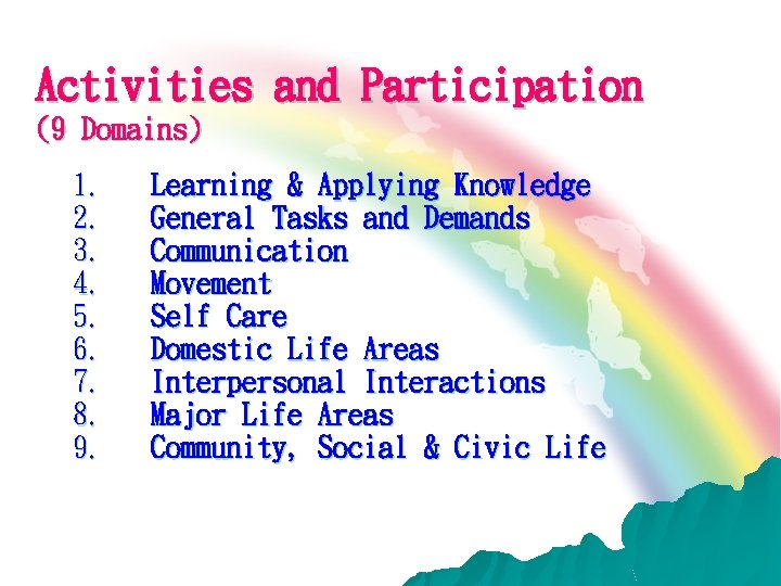 Activities and Participation (9 Domains) 1. 2. 3. 4. 5. 6. 7. 8. 9.