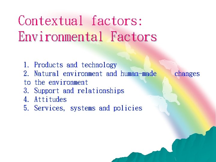 Contextual factors: Environmental Factors 1. 2. to 3. 4. 5. Products and technology Natural