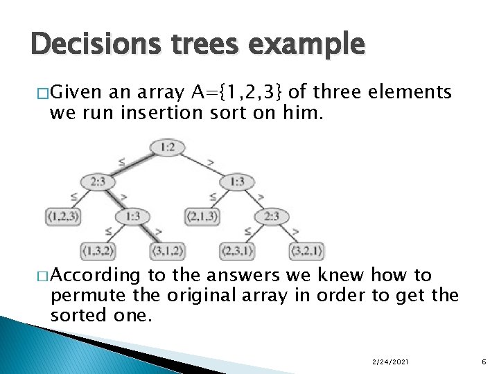 Decisions trees example � Given an array A={1, 2, 3} of three elements we