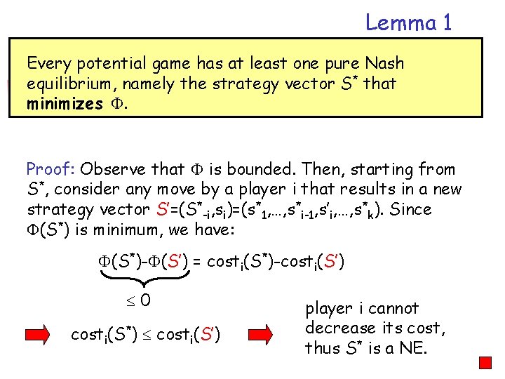 Lemma 1 Every potential game has at least one pure Nash equilibrium, namely the