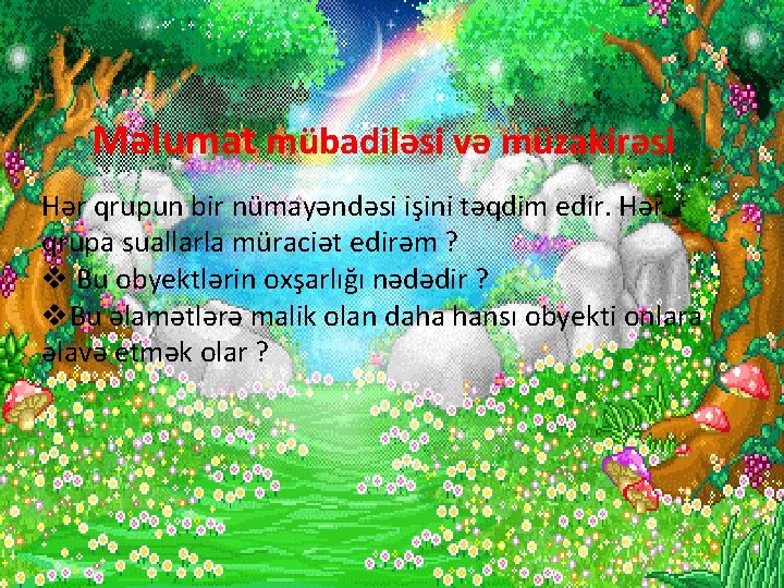 Məlumat mübadiləsi və müzakirəsi Hər qrupun bir nümayəndəsi işini təqdim edir. Hər qrupa suallarla