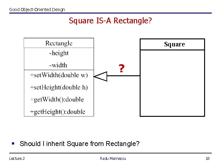 Good Object-Oriented Design Square IS-A Rectangle? Square ? § Should I inherit Square from