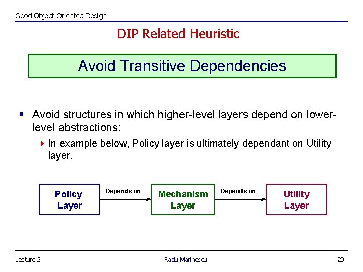 Good Object-Oriented Design DIP Related Heuristic Avoid Transitive Dependencies § Avoid structures in which