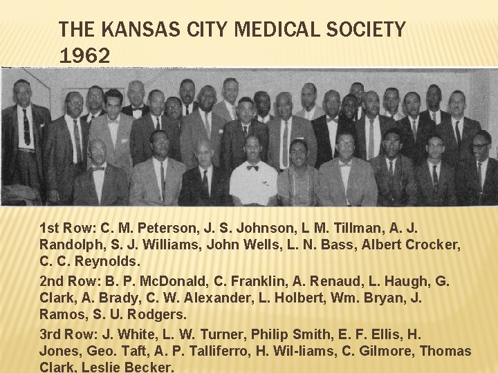 THE KANSAS CITY MEDICAL SOCIETY 1962 1 st Row: C. M. Peterson, J. S.