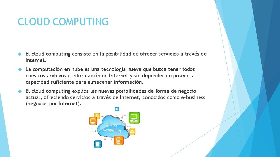 CLOUD COMPUTING El cloud computing consiste en la posibilidad de ofrecer servicios a través