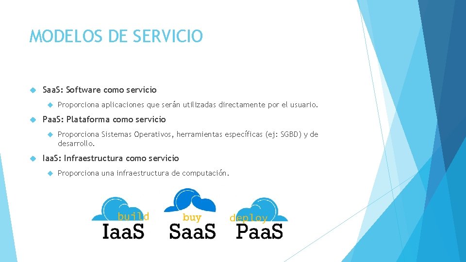MODELOS DE SERVICIO Saa. S: Software como servicio Paa. S: Plataforma como servicio Proporciona