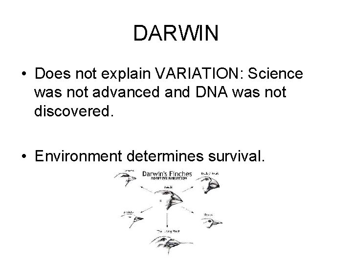 DARWIN • Does not explain VARIATION: Science was not advanced and DNA was not