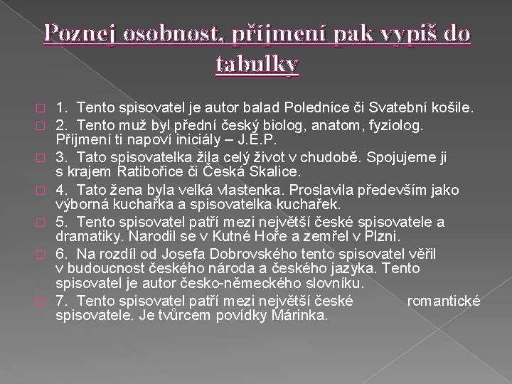 Poznej osobnost, příjmení pak vypiš do tabulky � � � � 1. Tento spisovatel