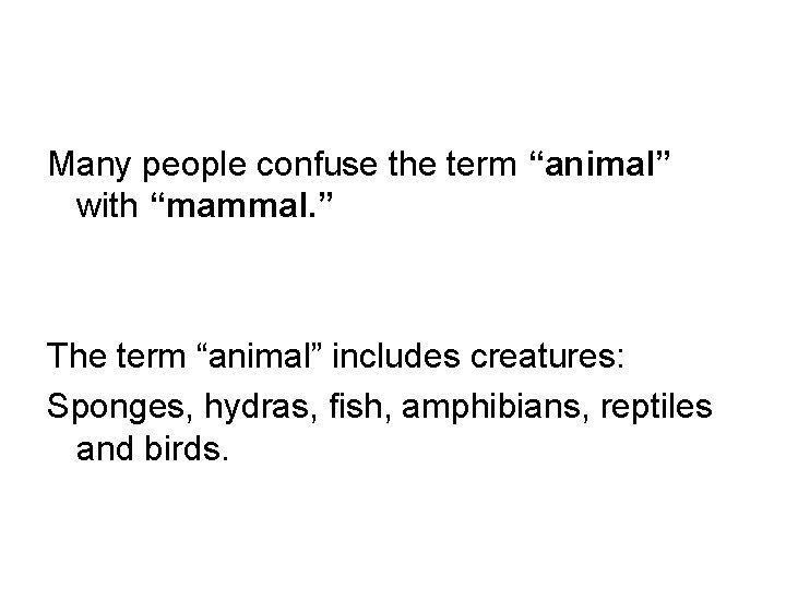 Many people confuse the term “animal” with “mammal. ” The term “animal” includes creatures: