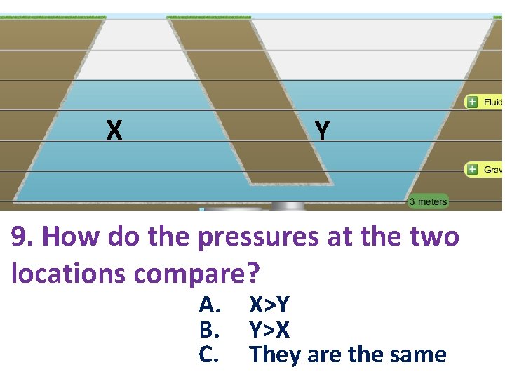 X Y 9. How do the pressures at the two locations compare? A. B.