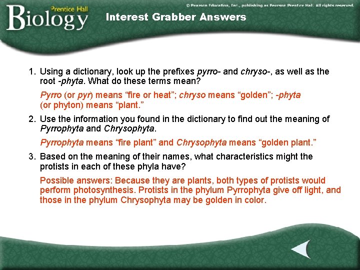 Interest Grabber Answers 1. Using a dictionary, look up the prefixes pyrro- and chryso-,