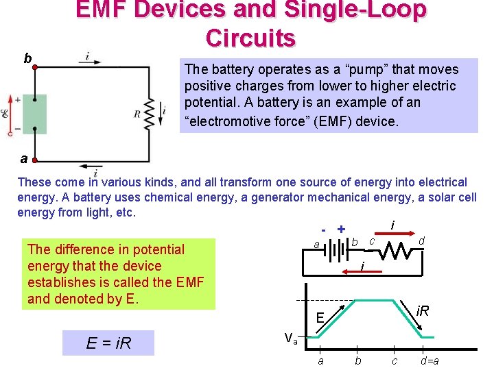 b EMF Devices and Single-Loop Circuits The battery operates as a “pump” that moves