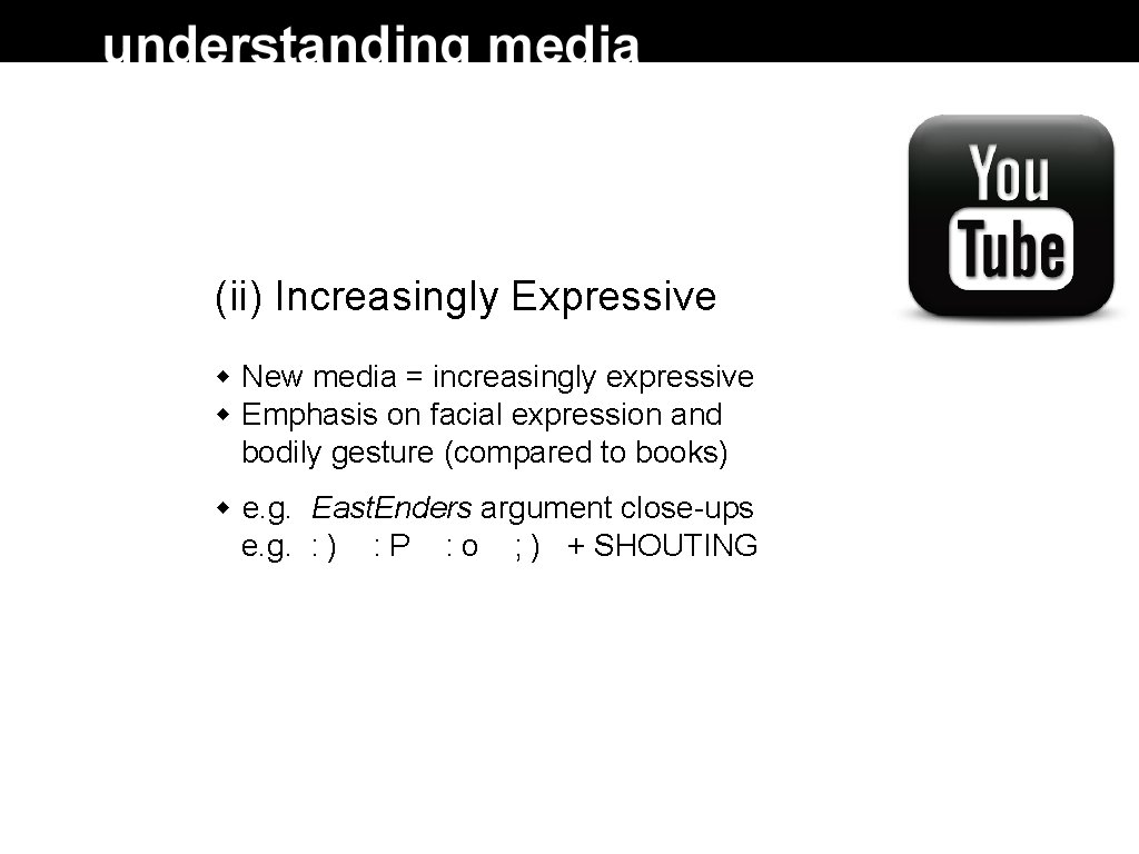 (ii) Increasingly Expressive New media = increasingly expressive Emphasis on facial expression and bodily